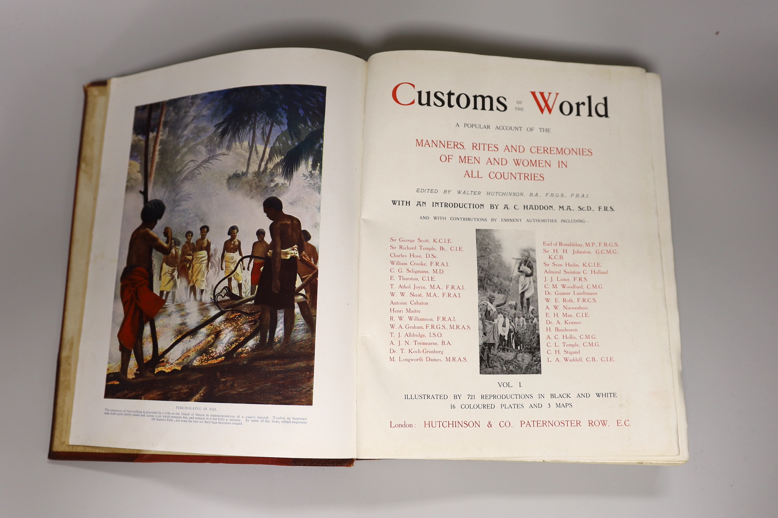 Hutchinson, Walter (editor) - Customs of the World, 2 vols, 4to, half red morocco, Hutchinson & Co., London, nd; Walpole - The Letters of Horace Walpole, Earl of Orford, 6 vols, 8vo, tree calf, all boards detached, Richa